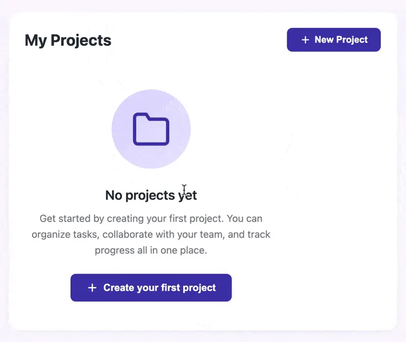 Empty projects page with folder icon and create first project call to action