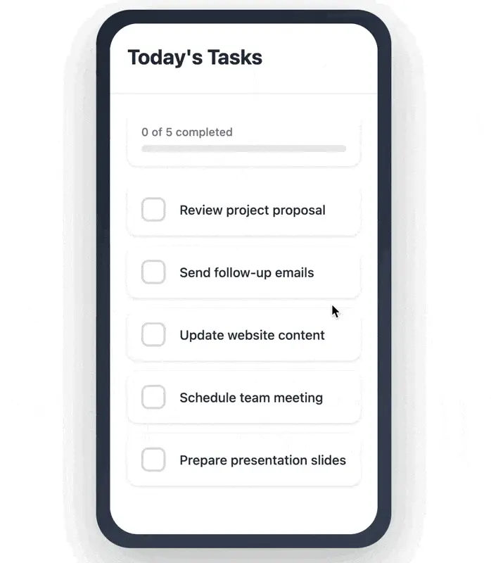 Mobile task list showing five tasks with progress tracking