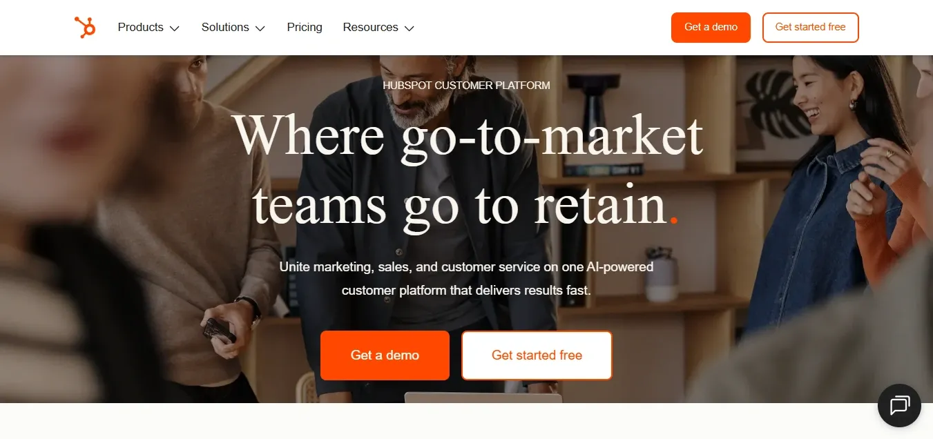 HubSpot website displaying customer platform messaging with get started options