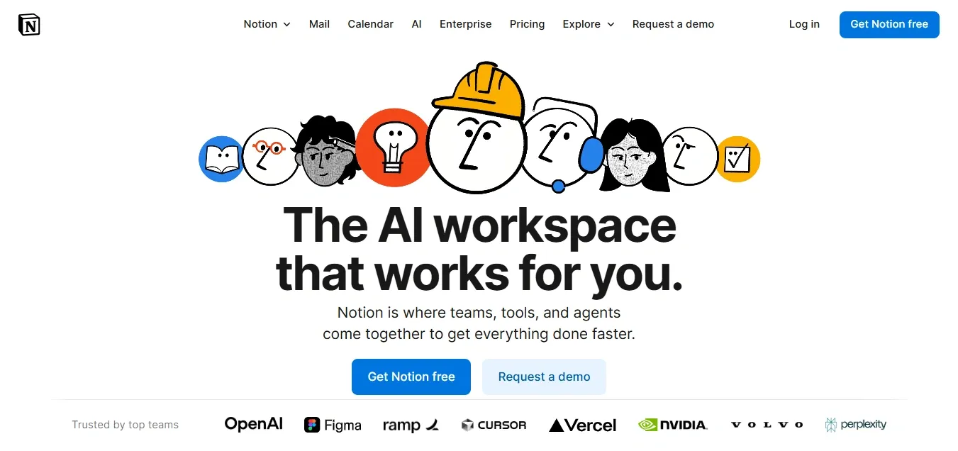 Notion homepage showing illustrated characters with AI workspace messaging