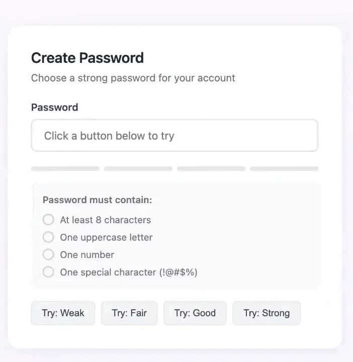 Password creation form showing strength requirements and validation checklist
