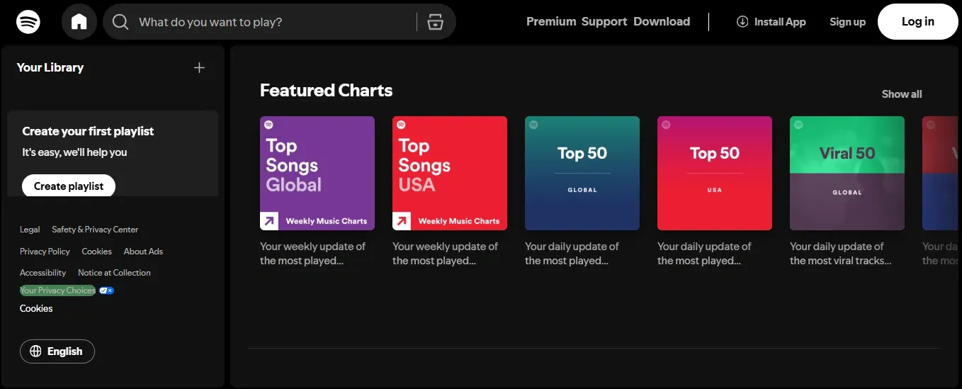 Spotify homepage featuring weekly music charts and create playlist option