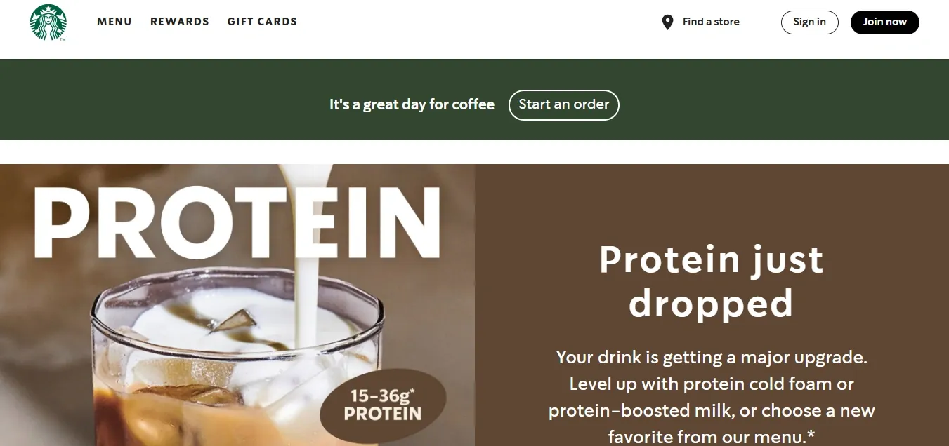 Starbucks website showing protein product announcement with start order button