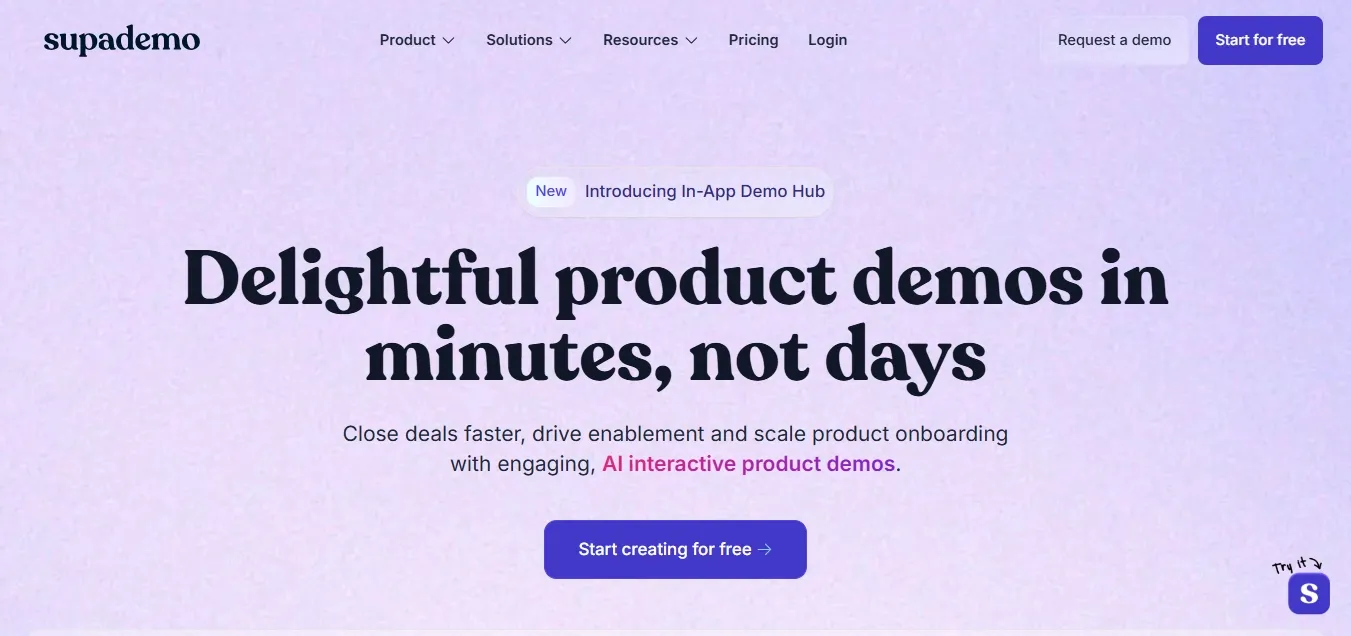 Supademo website displaying AI interactive demos message and start creating option