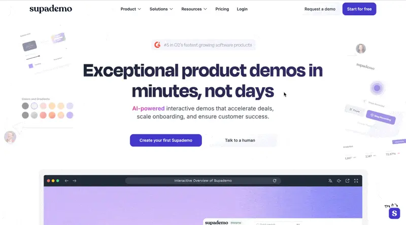 Supademo homepage showing product demo and an interactive demo library launcher