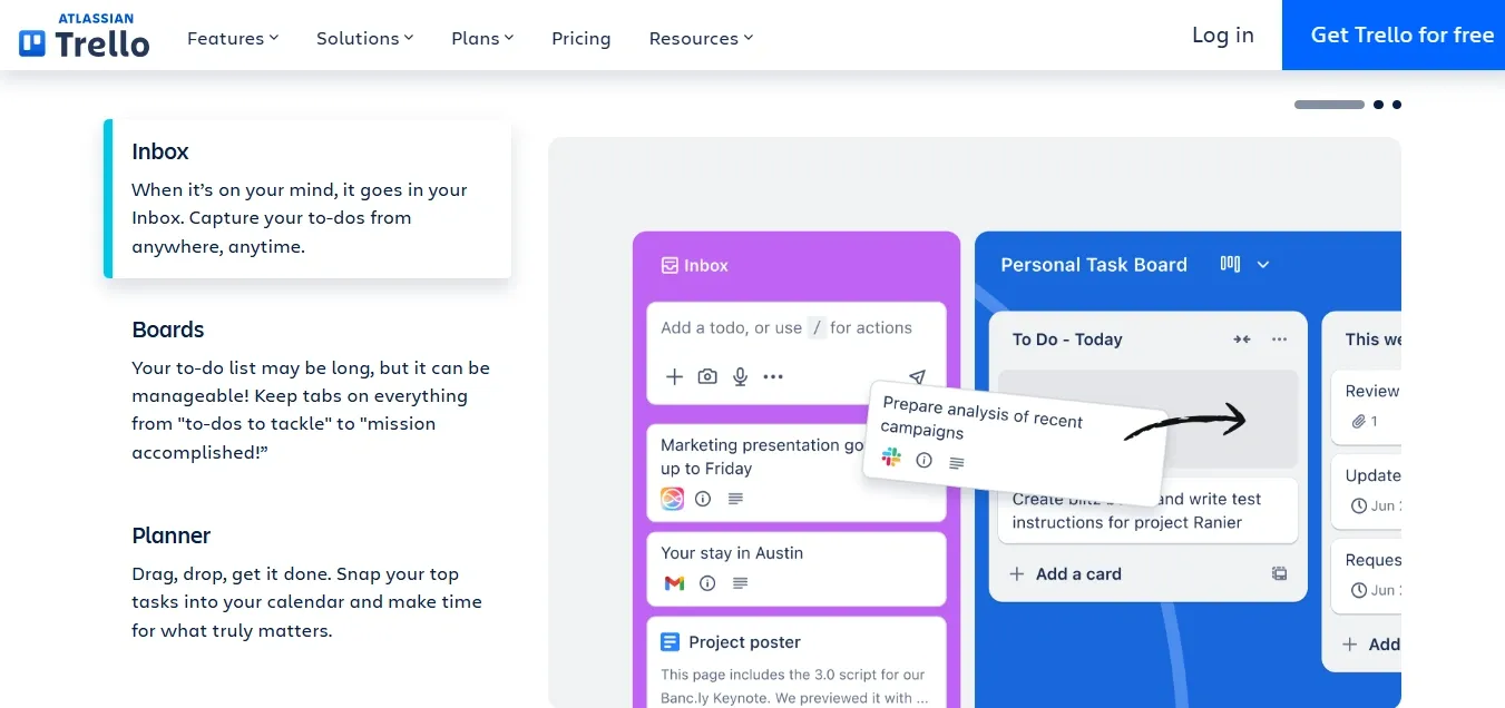 Trello homepage showing inbox, boards, and planner features with interface preview
