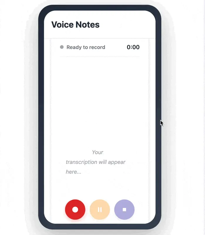 Mobile voice recorder displaying voice transcription and control buttons at bottom