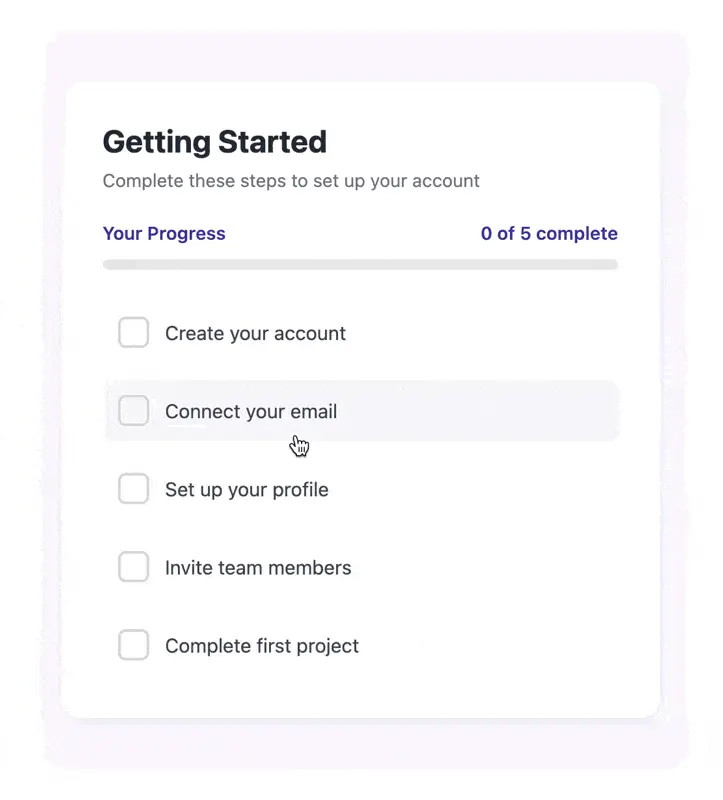 Getting started checklist displaying progress tracking with setup tasks