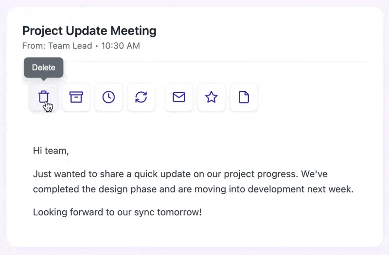 Project update message with contextual tooltips displayed over buttons