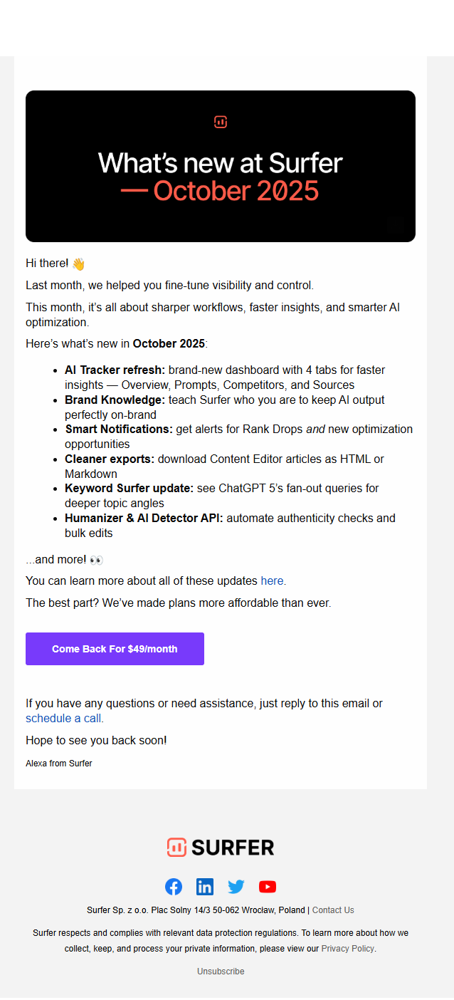  Surfer Product update email example