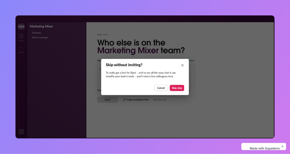 Slack's in-app messaging to invite teammates
