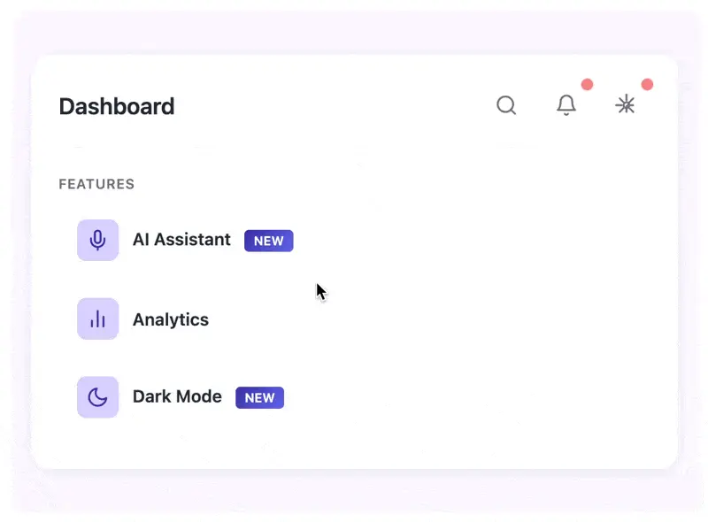 Feature menu showing analytics and new features marked with badge labels