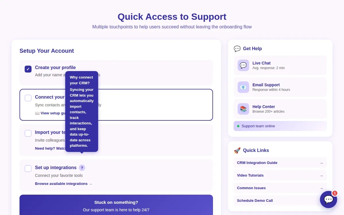 Onboarding screen with chat support and help center options