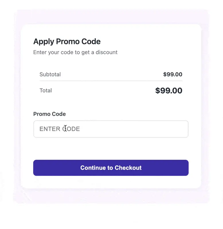 Apply discount code interface displaying order checkout button and promo code entry field