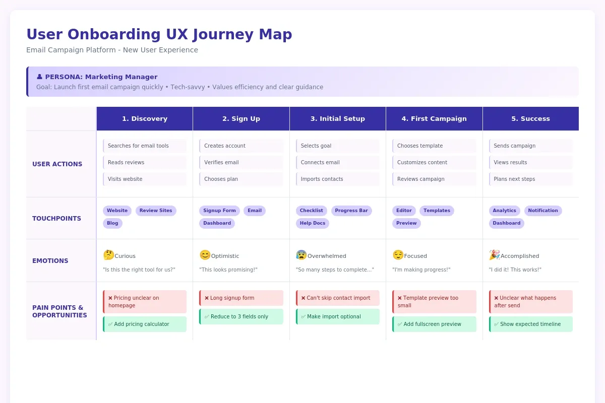 A complete UX journey map showing user actions, touchpoints, emotions, and pain points