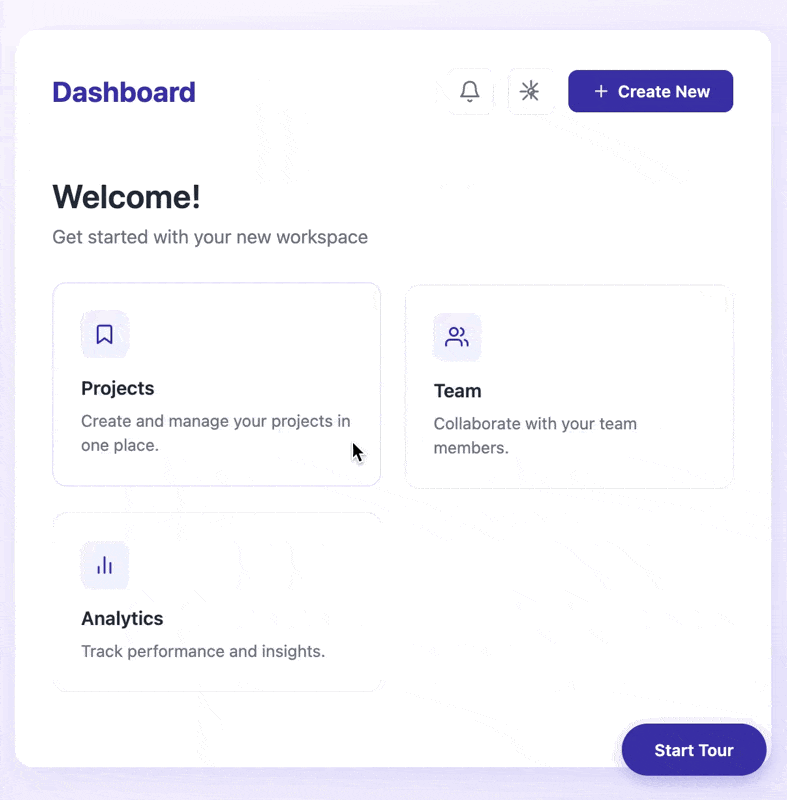 Dashboard screen showing projects, team, and analytics feature cards with tour button