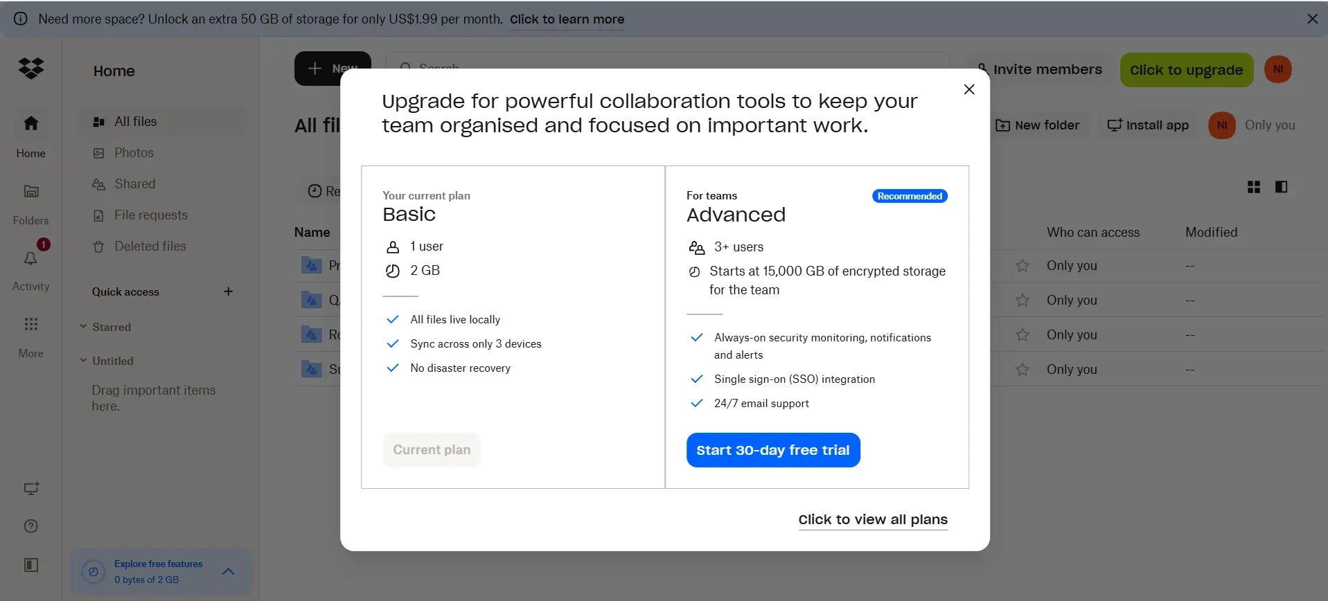 Dropbox in-app messaging example