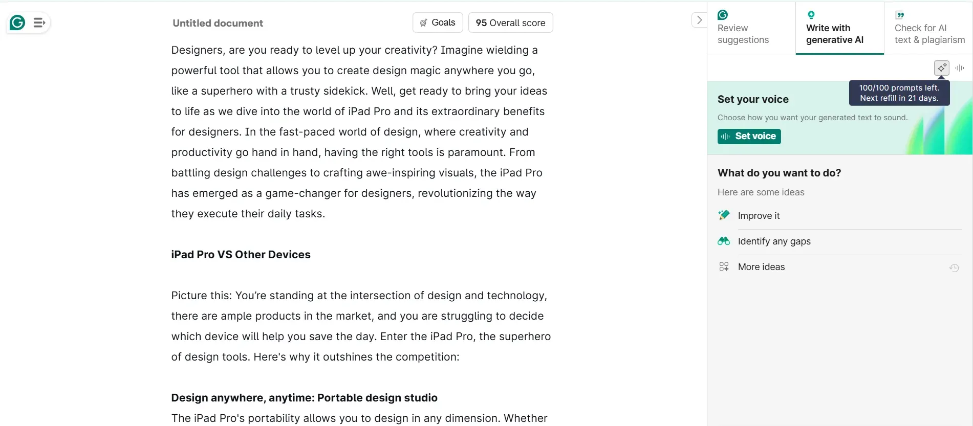 Grammarly highlights usage limit with tooltip
