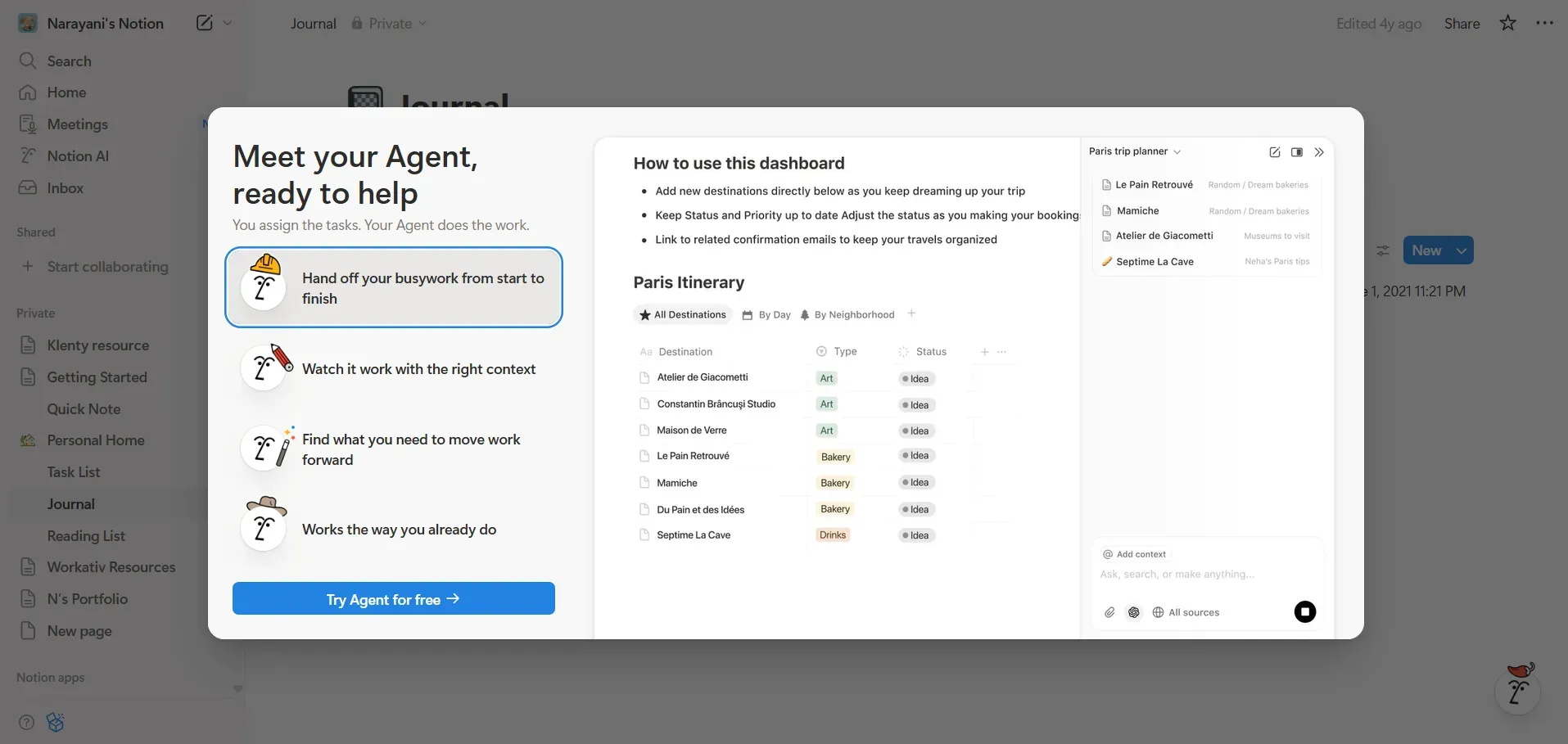 Notion's in-app messaging example