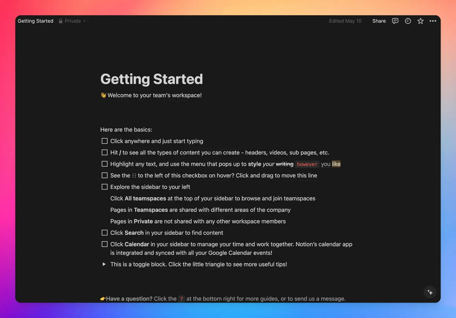 Notion getting started page