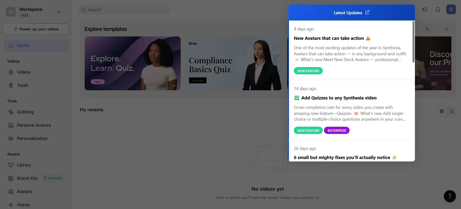 Synthesia in-app messaging example
