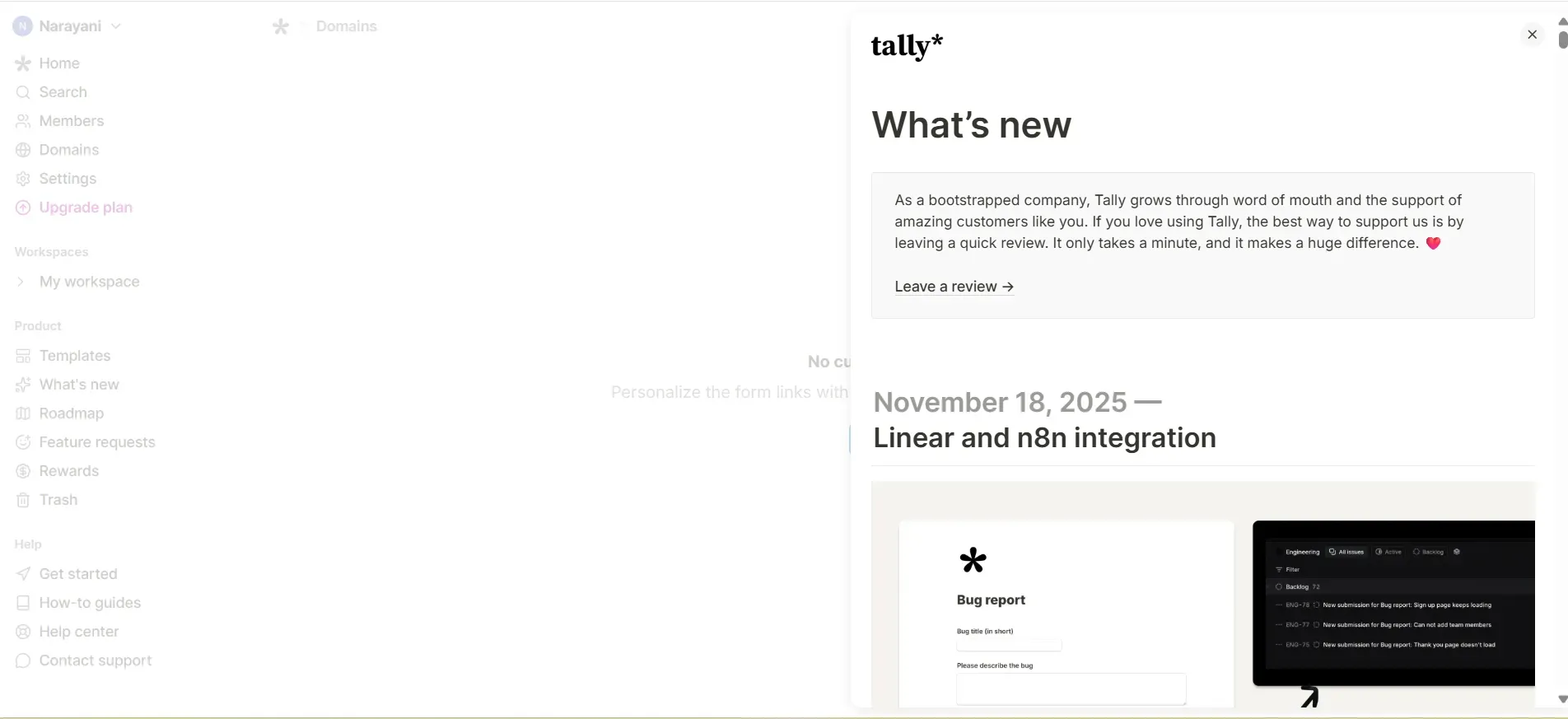 Tally in-app messaging example