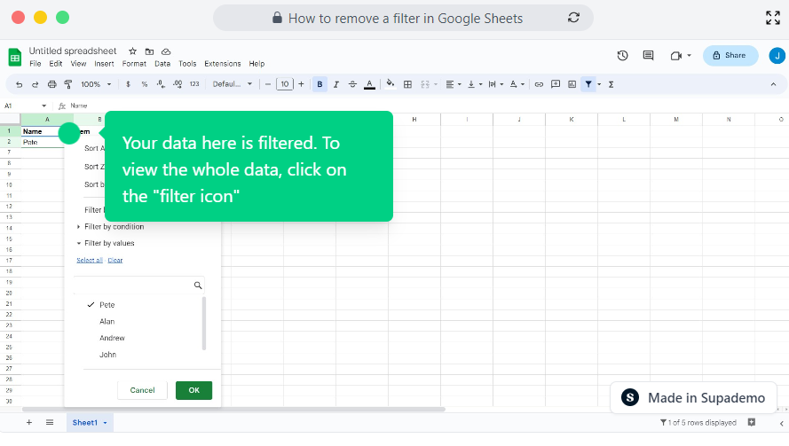How to remove a filter in Google Sheets