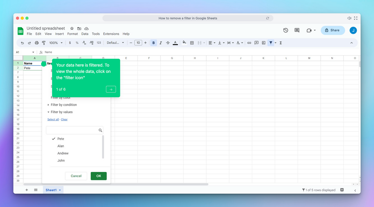 How to remove a filter in Google Sheets