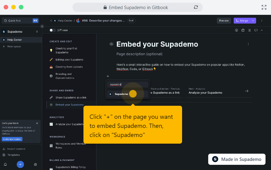 How to embed Supademo on Gitbook