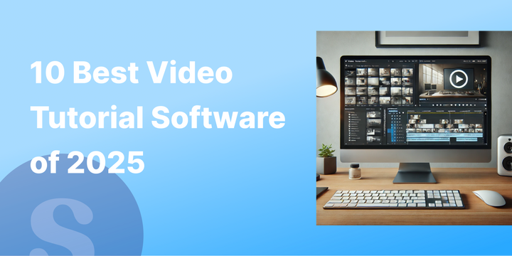 Desk setup with video tutorial software on screen, featuring editing tools and timelines in a clean, modern design.