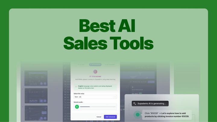 A screenshot of Supademo's AI voiceover features while the text displays "Best AI Sales Tools".